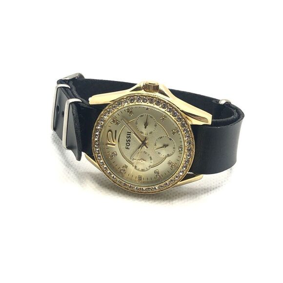 Fossil ES3343 Women's Black Leather Analog Champagne Dial Quartz Watch LP223 - Picture 5 of 9